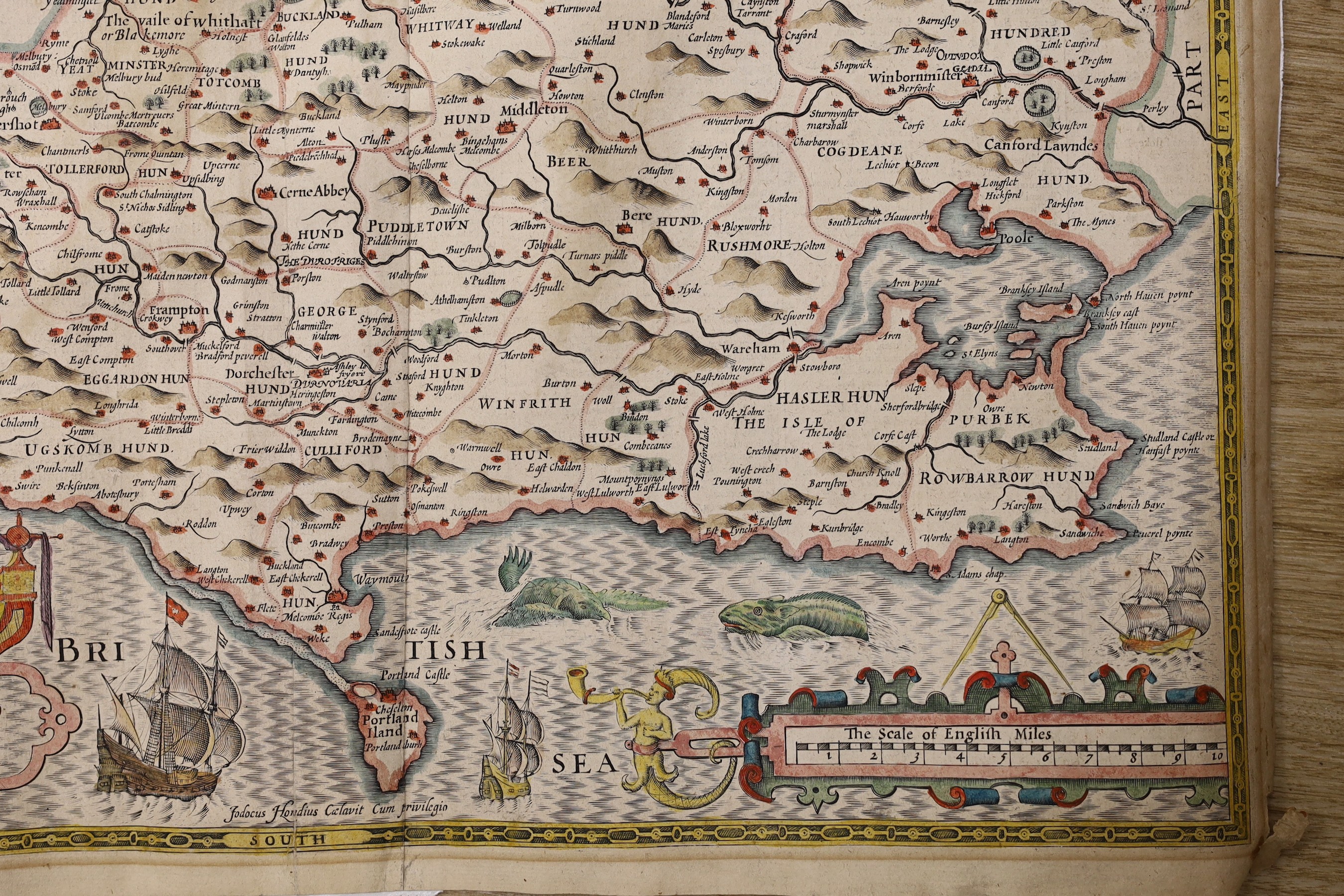 John Speed, (1552-1629) Dorsetshyre, hand coloured map, with the Shire-towne Dorchester described, 40.5cm X 53cm